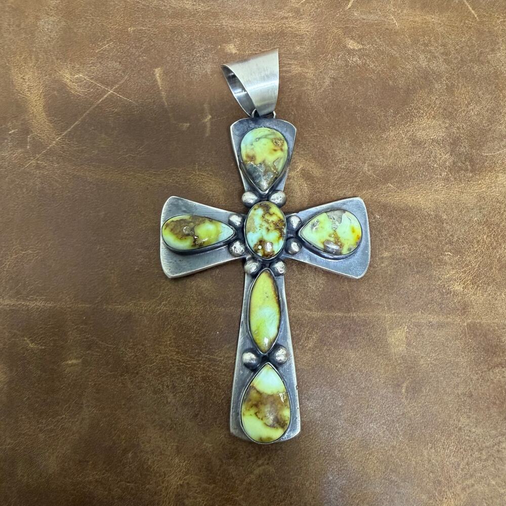 Navajo Palomino & Sterling Silver Cross Pendant Statement Native - Chimney Butte
